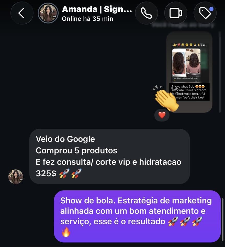 Signature Beauty relatando uma cliente vinda do Google que gastou US$ 325