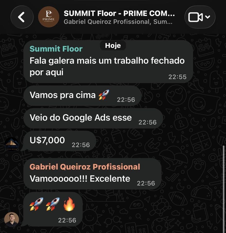 Summit Floor Works avisando que fechou um trabalho de US$ 7.000 vindo do Google Ads